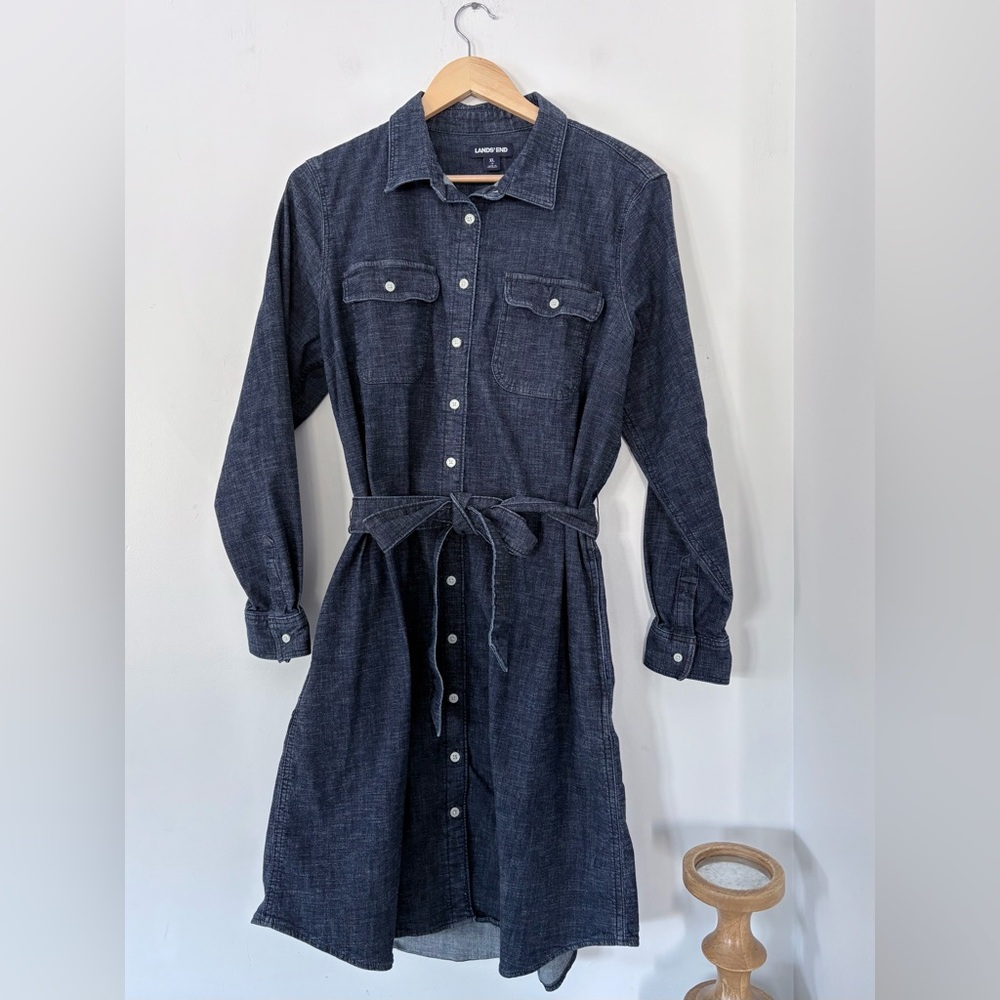 Lands' End XL/18 Denim Button Shirt Dress Tie Waist Pockets Dk Wash Blue Western